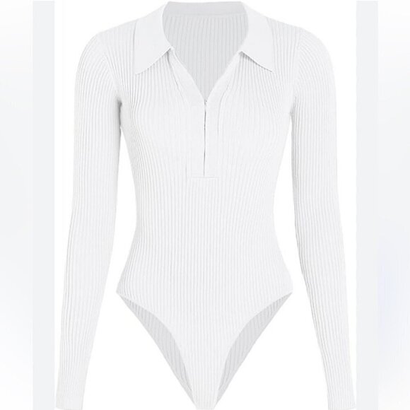 Cider Tops - NWT Cider White Ribbed Long Sleeve Half Zip Collar Bodysuit Women’s Size XL